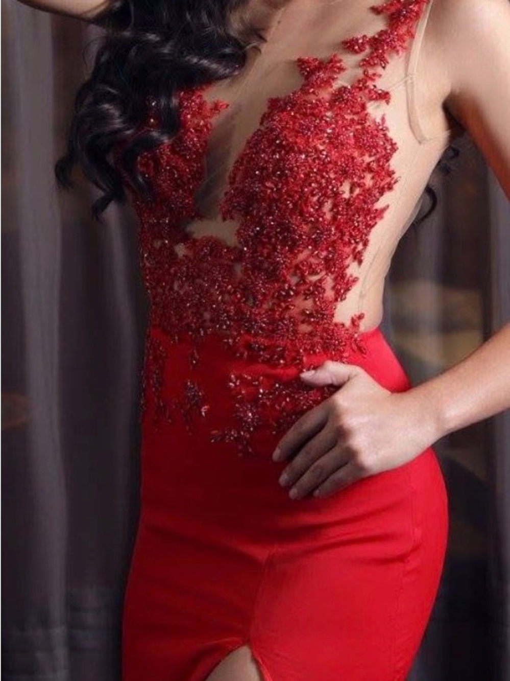 iris Red Embroidered Illusion Bodice Prom Gown